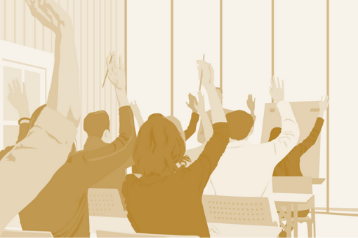 Illustration of people in a classroom setting raising their hands