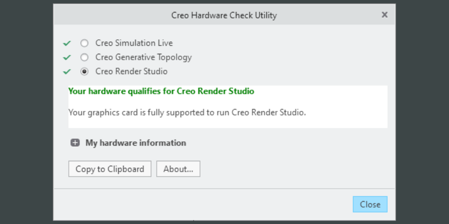 Creo hardware check utility screen in Creo 8.