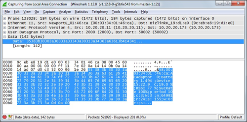 A Wireshark of the temperature and humidity readings being broadcast over UDP.