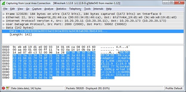 In the same example as before, the sensor is sending ASCII data with temperature and humidity readings over WiFi to a UDP port. 