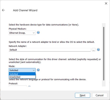 If you are using an Ethernet connection, be sure to select the correct mode: Solicited or Unsolicited.