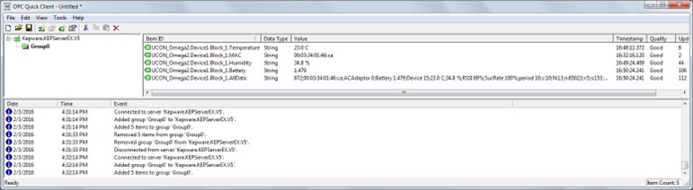 What the data looks like in tags in the OPC Quick Client.